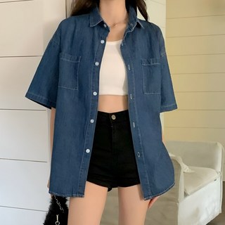 위즈플러스샵 여성반팔남방 데님셔츠 롱 청남방