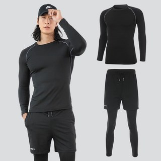 남자 머슬핏 긴팔 래쉬가드 상의 + 반바지 레깅스 수영복 하의 세트 (59set)