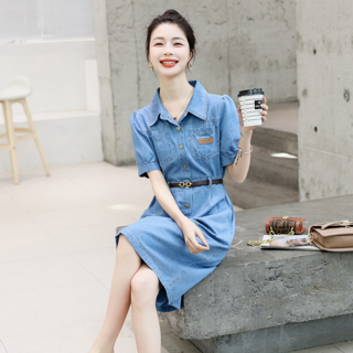 POMTOR 여성 반팔 카라넥 데님 롱원피스