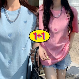 AOKADA 1+1 여성 반팔 티셔츠 자수 하트 라운드넥 루즈핏 여자 면티 여성티 반팔티 언더티 쇼트