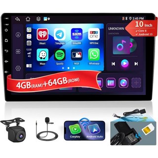 8 코어 4+64GB【무선 카플레이 안드로이드 오토 10인치 라디오 WiFi GPS 블루투스 5.0 AM/FM/RDS 마이크 백업 카메라 EQ DSP 지원 SIM 카드 】 13, 10.1 Inch