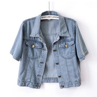 WEIHAN 여성 데일리 반팔 데님 청 자켓 아우터 캐주얼 카라넥 크롭 반팔 남방 셔츠 데님 코트 루즈핏