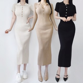 카라 골지 니트 6단추 롱원피스 3color 베이지 카멜 블랙 반팔 긴팔 슬림핏 타이트 허리잘록 호텔 라운지 하객룩 상견례룩 대표 이미지 - 섹시 미시룩 추천