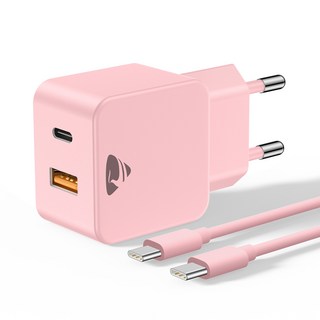 요소테크놀로지 38W 듀얼포트 USB C타입 PPS 초고속 PD 충전기 컬러 C타입 to C타입 케이블 1m 실리콘 케이블 세트 (20W+18W 동시 사용), 분홍색, 1개