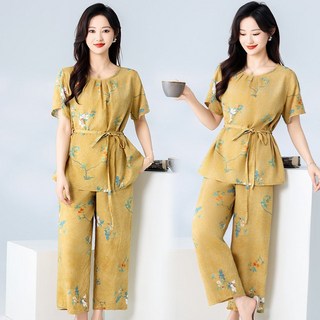 JIEVE 여성 여름 심플 실내복 반팔 잠옷+오버사이즈 긴바지 세트 SY052607