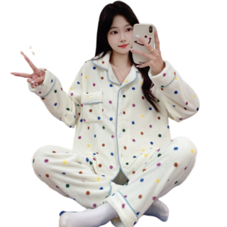 M~5XL 여성홈웨어세트 긴팔+긴바지 가디건 수면 파자마 겨울용 플란넬 투피스 잠옷