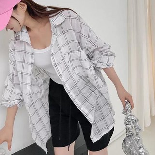 달콩 아사썸머체크롱셔츠 빅사이즈 오버핏 카라셔츠 남방 긴팔 체형커버 데일리룩 자외선차단