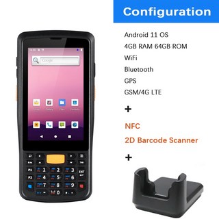 바코드리더기 견고한 PDA 휴대용 단말기 안드로이드 11 4 인치 4GB + 64GB 1D2D 스캐너 바코드 리더 4G WiF, 1개