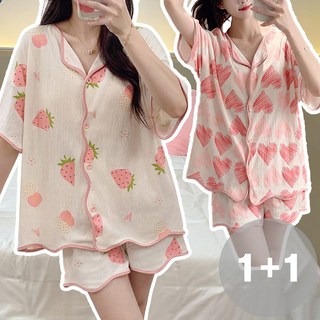 지디오 여성 반팔 잠옷 1+1 여름 파자마 귀여운 프린팅 캡내장 노브라 상하의 투피스 홈웨어 2개 세트
