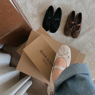코듀로이 메리제인 라운드토 리본 밴딩 여자 플랫슈즈