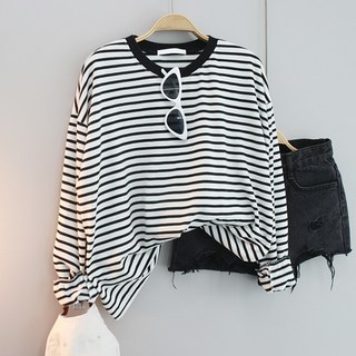 달콩 샌드단가라긴팔티셔츠 여성용 빅사이즈 오버핏 롱티 라운드 데일리룩 박스티