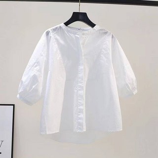 차이나넥 벌룬 소매 면 셔츠 여 루즈핏 디자인 캐주얼 셔츠 2025 여름 문예 스타일 라이트 블루 상의