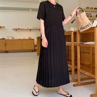 POMTOR 여성 여름 빅사이즈 쉬폰 고급진 무지 반팔 롱 원피스
