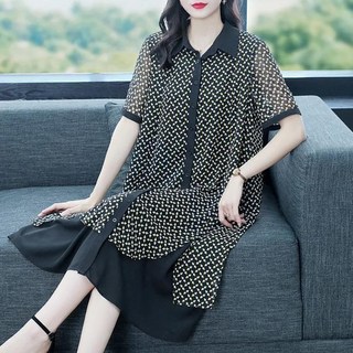 MOSAIRATION여성 소프트 카라넥 쉬폰 원피스 오버핏 반팔 패치워크 중년여성 데일리 미디 원피스 U0022007