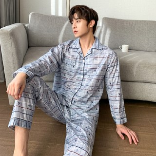 2022 남성 잠옷 봄가을 긴팔 긴바지 가디건 잠옷 얇은 면 봄여름 홈웨어 세트