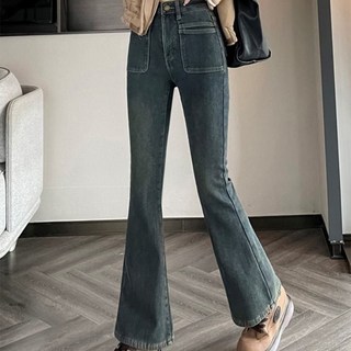 besteffie 여성 성인 가을 겨울 고급 밴드 높은 허리 플레어 데님 바지 빈티지 스타일 캐주얼 데일리 K18