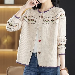 에쥬아 버튼업 자카드 니트 가디건 레트로 라운드넥 스웨터
