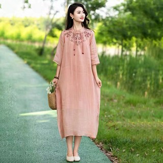 ORZQU 여름 여성 버튼 반팔 롱스커트 루즈핏 솔리드 면마 원피스