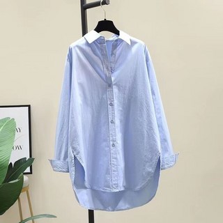 여성용 앞뒤 언발란스 오버핏 코튼 긴팔 셔츠 캐주얼 루즈핏 데일리 아우터