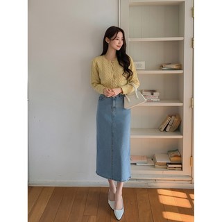 데님 롱스커트 밴딩치마 뒷트임 H라인스커트 롱치마