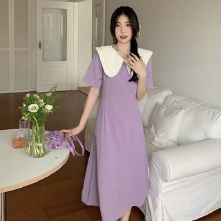 DHCX 여름 인형 칼라 허리 스트랩 사색 매치 슬림 원피스 롱 스커트 속살 가리개