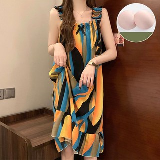FANSYLI 여성 여름 얇은 원피스 잠옷 롱 프린트 홈웨어 잠옷 나시 잠옷 루즈핏 편안한 홈웨어 빅사이즈 X2506J12
