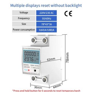 전력량계 전류 레일 디지털 LCD 단상 전력 계량기 80A DIN 디스플레이 230VAC 에너지 전압 소비 GTRIC 전력계 2P, 5-60A, Reset
