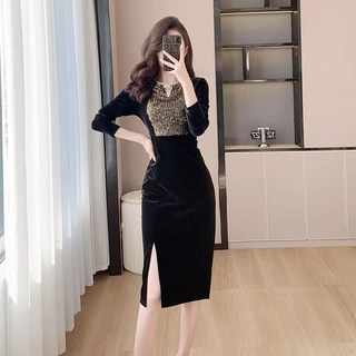 ROYALBELLE 여성 벨벳 브이넥 미디 원피스 긴팔 옆트임 슬림핏 우아한 패치워크 원피스 V021117