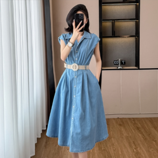 POMTOR 여성 데님 미디 원피스 허리조절 민소매 캐주얼 드레스