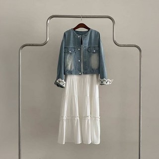 스타일 나들이 노카라 라운드 크롭 청자켓 레이스 간절기 데이트 데님 봄 40대 여성 중청