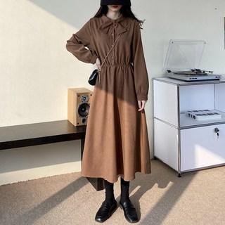쁘띠꼬모 여성 오버핏 세일러카라 리본 미디 원피스 허리밴딩 A라인 데일리 페미닌 HLD582852
