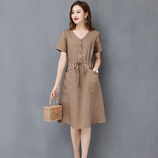 ROYALBELLE 여성 브이넥 버튼 허리스트링 미디 반팔 A라인 원피스 A0041438