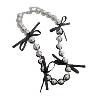 Sweetheart Metal Ball Pendant 목걸이 실크 리본 Bowknot 구슬 가닥 칼라 체인 달콤한 시원한 쇄골 목걸이