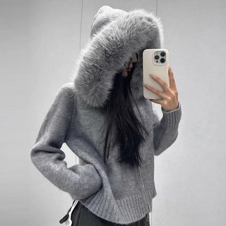 여성 털부착 후드집업 니트 가디건 가을겨울 무지 기본핏 베이직 패션 오버핏 바람막이 스판 아우터 후드티