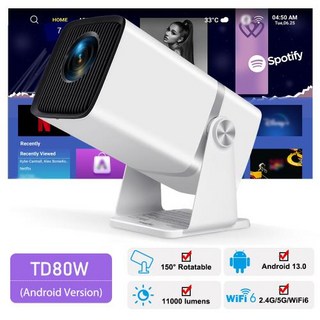 미니 빔프로젝터 초단초점 업그레이드버전 LED 휴대용 와이파이 홈시네마 빔 프로젝터 4K 풀 HD FHD TD80W 안드로이드 3D 홈 시어터 회의 비디오 영화 PK HY320 가, 2) Android Version - 미국 플러그