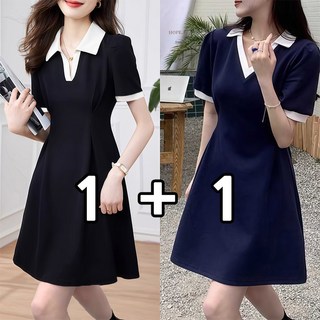 BIKASU 1+1 여성 여름 브이넥 원피스 캐주얼 미디원피스
