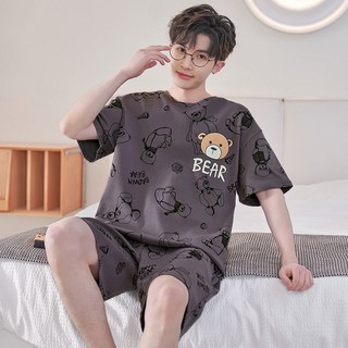 남성 여름 반팔 파자마 세트 캐주얼 라운드 상의 + 슬랙스 반바지 이지웨어 잠옷 세트 루즈핏 순면 훔웨어 상하의 투피스 CY