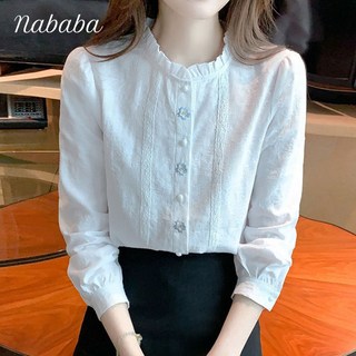 나바바 여성 프릴 플라워 자수 블라우스