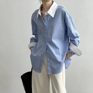 삼제태전 봄가을 여성용 스트라이프 긴팔 셔츠 루즈핏 캐주얼 블라우스 기본 데일리 룩