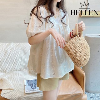 헬렌 스퀘어넥 펀칭 퍼프 블라우스 펀치블리BL O-357