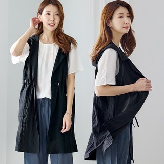 물론 여성 바스락인견 후드 민소매 롱 자켓