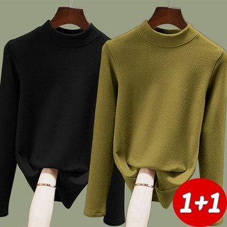 1+1 여성 양면 융털 긴팔티 보온 반터틀넥 이너티 가을겨울 슬림핏 라운드 티셔츠