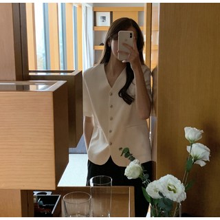 코펜 브이넥 반팔 여름 베이직 여성 기본 자켓 데일리 루즈핏 절개 노카라 재킷