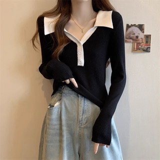 쁘띠꼬모 여성 배색카라 골지 슬림핏 니트 탑 버튼업 데일리 GX581514