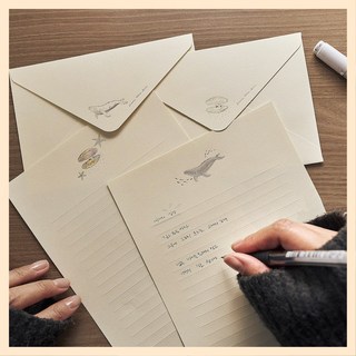 미닝바이 감성편지지 12P 편지봉투 6P 세트 오로라쉘+고래 편지지12(6x2)매+봉투6(3x2)매 상품 이미지