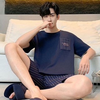 Wiseha 고급 순면 남자 잠옷 반팔 소프트 여름 라운지웨어 홈웨어 세트