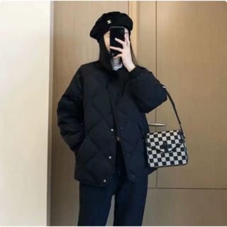 하모리 여성 볼륨감 체크 퀼팅 노카라 루즈핏 누빔패딩 따뜻한 경량 점퍼 자켓