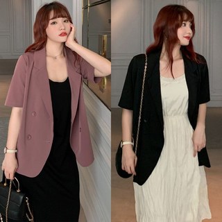 150kg까지 빅사이즈 여성 반팔 더블버튼 정장 자켓 여름 편한 얇은 심플 순색 루즈핏 하프 데일리 패션 캐주얼 오버핏 간절기 로엠 고급 오피스룩 양복 3xl 4xl 상의 잠바