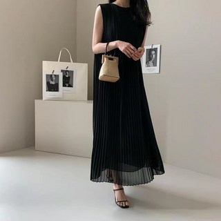 크레스티 여성 쉬폰 민소매 플리츠 롱 원피스 결혼식 블랙 비치웨어 하객룩 여름 원피스