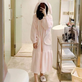 겨울 여성용 벨벳 롱 원피스 잠옷 여성 귀여운 캐릭터 플란넬 파자마 여자 루즈핏 기모 극세사 롱 홈웨어 원피스 QXX